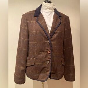 VTG Joe Browns 3 Button Brown Wool & Cord Tweed Plaid Mid Length Blazer Sz 22